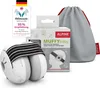 A product shot of Alpine Muffy Baby hearing protection for infants, including the product itself, its packaging, and a storage bag. Anteprima dell’immagine prodotto