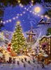 A whimsical winter scene with anthropomorphic animals celebrating Christmas around a decorated tree, with a carousel and a puppet theater. Produktbild-Vorschau