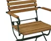A close-up view of a wooden and metal garden chair. Produktbild-Vorschau