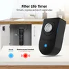 A collage showing a water filter timer device, a water filter under a sink, and indicators for filter status. Náhled obrázku produktu