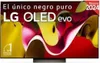 A marketing image for an LG OLED evo TV, featuring abstract colorful shapes and text. Produktbild-Vorschau