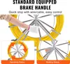 A person's hand wearing a white glove is shown operating a brake handle on a large spool of yellow cable. Two smaller inset images show the operating and braking status of the spool. Náhled obrázku produktu