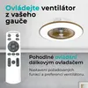 Image displays a ceiling fan with an integrated light and a remote control, set against a neutral background. Text overlays highlight the product's features and benefits. Náhled obrázku produktu