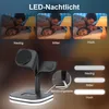 A 4-in-1 magnetic charging station with an integrated LED night light, shown with different brightness levels and a close-up of the touch control. Produktbild-Vorschau