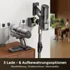 A vacuum cleaner is shown with multiple charging and storage options, and a person is painting in the background. Produktbild-Vorschau