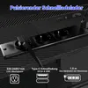 A close-up of a power strip with multiple outlets and USB ports, featuring text overlays describing its features and specifications. Produktbild-Vorschau