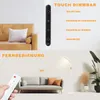 A split image showing a floor lamp and its remote control, with text overlays describing its features. Náhľad obrázku produktu
