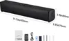 A black soundbar with its accessories laid out below it, with dimensions indicated. Náhľad obrázku produktu