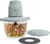 A light gray Moulinex chopper with a glass bowl filled with chopped vegetables, shown with its lid and a rubber mat. Voir les images du produit