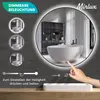 A bathroom scene featuring a round LED mirror with a hand interacting with the touch controls. Produktbild-Vorschau