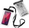 Two waterproof phone pouches, one with a phone inside displaying a colorful screen, and another with water droplets on it. Produktbild-Vorschau