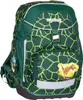 A green backpack with a geometric pattern and dinosaur patches. Produktbild-Vorschau