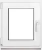 A white window frame with a clear glass pane, set against a white background. The window has a handle on the right side and hinges on the left. Produktbild-Vorschau