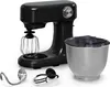 A black stand mixer with its accessories and bowl, displayed on a white background. Produktbild-Vorschau