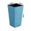 A blue square planter with dimensions indicated. Voir les images du produit
