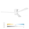 A white ceiling fan with three blades is shown against a white background. Below the fan, a remote control and color and brightness temperature sliders are displayed. Náhled obrázku produktu