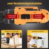 A collage showing a cordless drill with its speed settings and two scenarios of its use: screwing and drilling. Produktbild-Vorschau