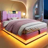 A pink upholstered bed with LED lighting in a bedroom setting. Produktbild-Vorschau