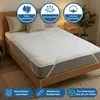 A mattress protector is shown on a bed, with feature callouts at the top and bottom. Produktbild-Vorschau