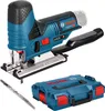 A Bosch cordless jigsaw and its case are displayed against a white background. Voir les images du produit