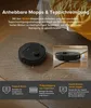 A robot vacuum cleaner is shown on a carpet, with an inset image demonstrating its ability to lift its mop. Text overlays describe its features. Produktbild-Vorschau