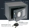 A small safe with its door open, showing the electronic lock and keypad, with dimensions and keys indicated by text overlays. Anteprima dell’immagine prodotto
