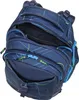 A blue backpack with a geometric pattern, shown open. Produktbild-Vorschau