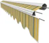A striped awning fabric with a scalloped edge, shown extended from its roller mechanism. Produktbild-Vorschau