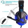 A gaming headset with its microphone extended, showcasing its features with text overlays and graphics. Produktbild-Vorschau