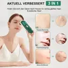 A woman holding a beauty device, with illustrative panels showing the device's functions. Produktbild-Vorschau