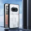 Two phone cases are shown, one transparent with a black frame and the other showing the phone's internal components. Produktbild-Vorschau