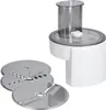 A food processor base with a transparent feed tube and several metal cutting discs are displayed on a white background. Produktbild-Vorschau