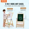 A child is using a 2-in-1 art easel with a whiteboard side, and the chalkboard side is shown separately with dimensions. Voir les images du produit