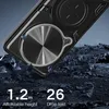 A close-up of a black phone case with a silver metallic ring, set against a dark, rocky background with debris falling. Anteprima dell’immagine prodotto