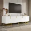 A white TV stand with gold accents is shown in a modern living room setting. Produktbild-Vorschau