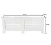 A white radiator cover with decorative cutouts, shown with dimensions indicated by measurement lines and text. Produktbild-Vorschau