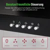 Close-up of a black kitchen hood control panel with illuminated buttons and icons, with a graphic overlay showing button functions. Produktbild-Vorschau