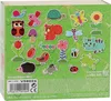 The image shows the back of a Vilac wooden magnet set packaging, featuring various cartoon-style garden animals and plants. Náhľad obrázku produktu