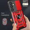 A hand holding a red and black phone case with a ring holder and camera cover. Produktbild-Vorschau