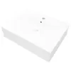 A white rectangular ceramic sink with two holes on a white background. Produktbild-Vorschau