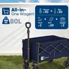 A blue foldable wagon is shown outdoors with marketing text and icons. Produktbild-Vorschau