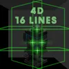 A 4D 16-line laser level with green laser lines projected around it, indicating its functionality. Náhled obrázku produktu
