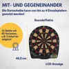 A dartboard with text overlays describing its features and dimensions. Produktbild-Vorschau