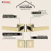 A marketing image showcasing a gold-colored door handle set with descriptive text highlighting its features. Produktbild-Vorschau