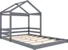 A grey wooden house-shaped bed frame with a slatted base, shown from a side-diagonal angle against a white background. Produktbild-Vorschau