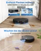 A robot vacuum cleaner is shown cleaning a floor with stains, with text highlighting its features. Produktbild-Vorschau