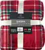 A folded red plaid Sherpa blanket with a product label attached. Produktbild-Vorschau