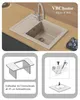 A collage of images showing a kitchen sink, installation instructions, and a diagram for under-sink cabinet installation. Produktbild-Vorschau
