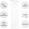 A white fabric panel hanging from a rail, surrounded by circular graphics detailing product features. Produktbild-Vorschau