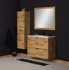 A modern bathroom vanity set with a wooden finish against a dark wall. Produktbild-Vorschau